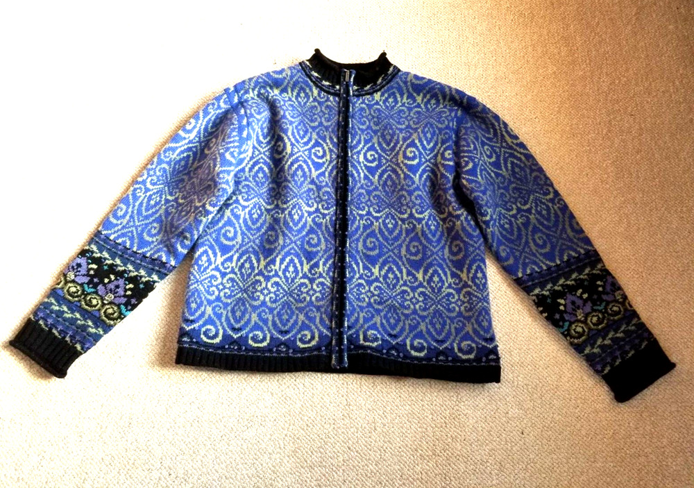 Womens Sweater/Jacket-NOMADIC TRADERS-blue wool lined Nordic/Icelandic design-S